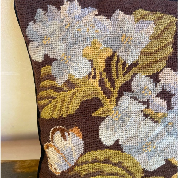 NEEDLEPOINT PILLOW Beautiful Vintage Handmade 15” Square Floral Butterfly Velvet - Picture 3 of 10